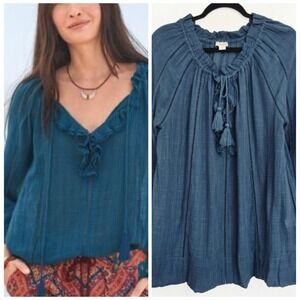 Sundance Top Womens Sz M Peasant Tassel Ruffle Blouse Gauze Pullover V Neck Teal